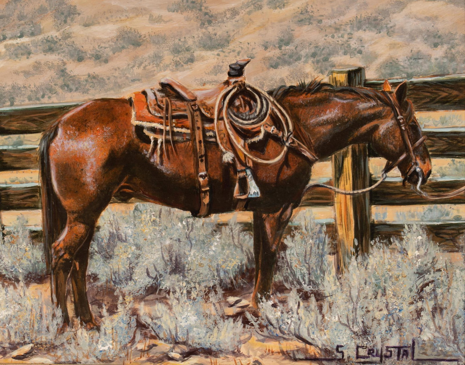 Shirley Crystal, "Waitin'": Shirley Crystal (Amer., b. 20th C.), "Waitin'", oil on masonite, signed lower right, signed again on the verso with artist's address sight: 8 x 10 in., frame: 14.5 x 16 in.