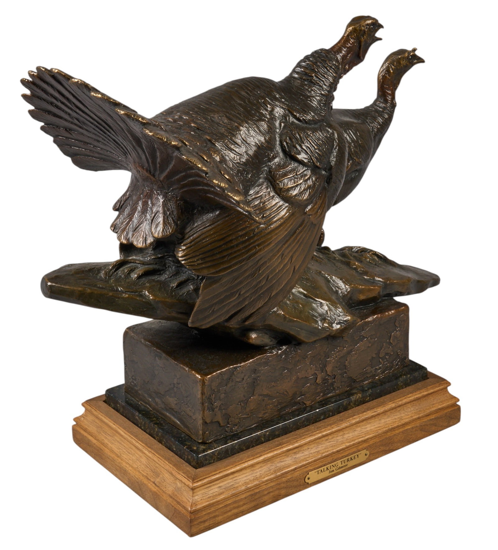 Jim Gilmore, "Talking Turkey": Jim Gilmore (Colorado, b. 1950), "Talking Turkey", artist-cast bronze sculpture on stone and wooden base, with incised signature and edition number 2/40 height 13.5 in. x width 16