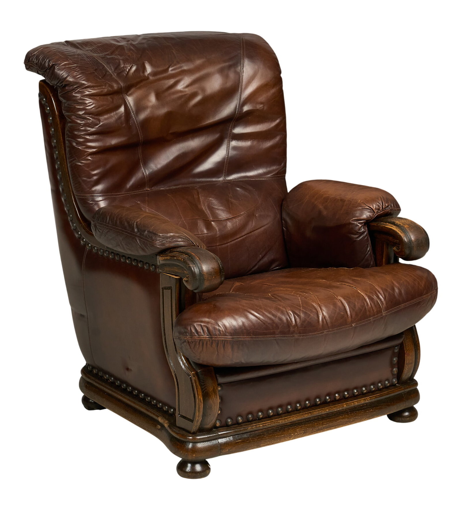 Leather Armchair: Leather highback armchair, wooden frame with nailhead detailing height 39 in. x width 32 in. x depth 39 in. 