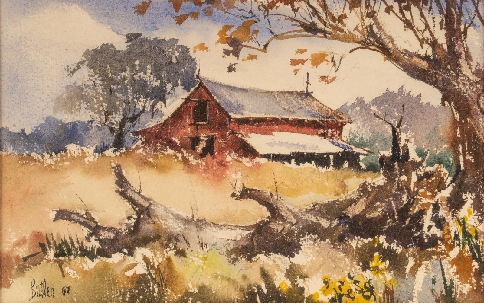James Butler, Red Barn: James Butler (New Mexico, b. 1925), red barn in landscape, watercolor, signed and dated lower left, 1967 sight: 6.5 x 10 in., x frame:11 x 15 in. Provenance: Property from a home in San Antonio, Texas