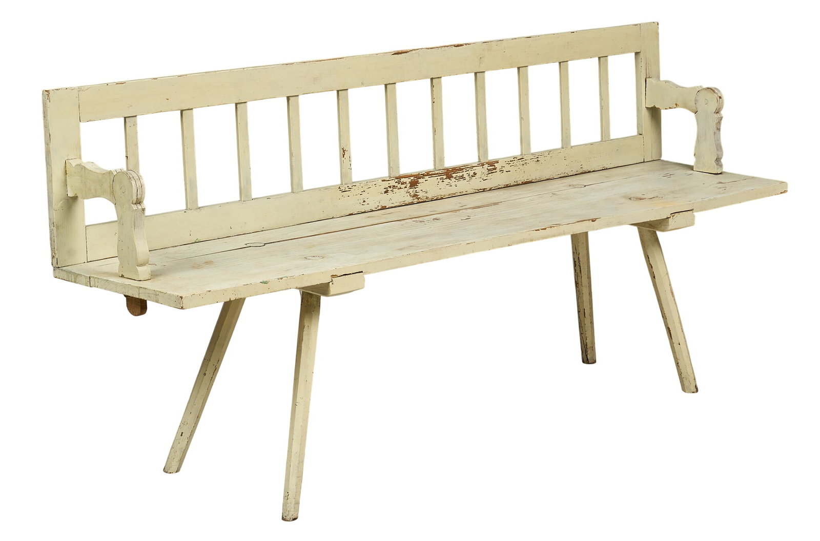 Farmhouse Bench: Painted farmhouse bench, splayed legs, off-white finish height 32.5 in. x width 71 in. x depth 17 in.