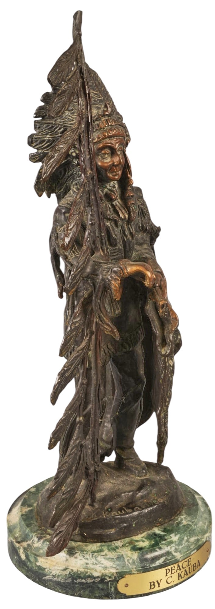 After Carl Kauba, "Peace": After Carl Kauba (Austria / America, 1865-1922), "Peace", bronze recast sculpture on green stone base, with patinated finish height 15 in. x width 6 in. x depth 6 in. (including base)