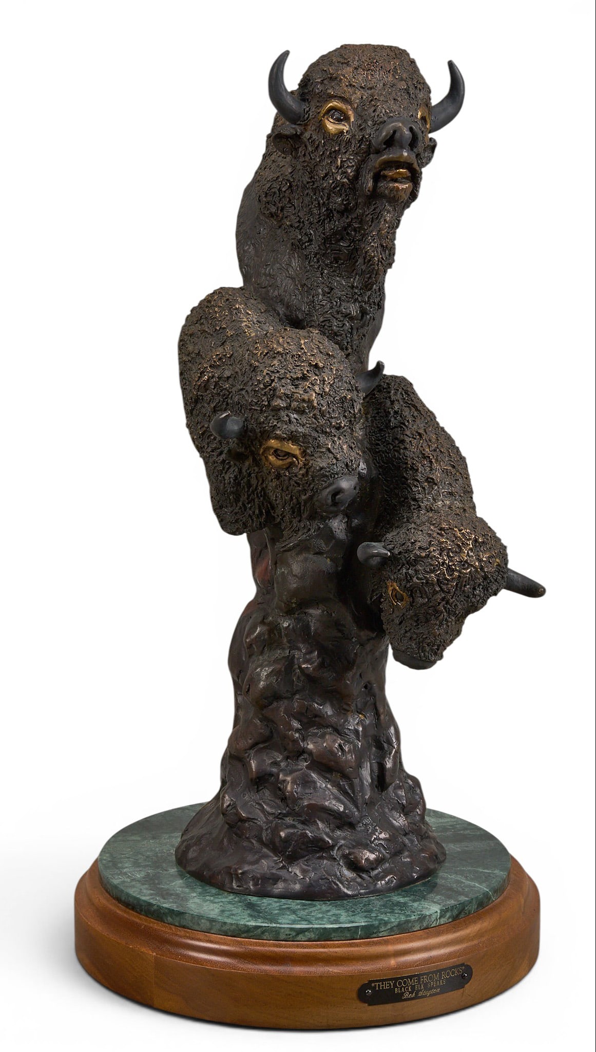 Bob Stayton, "They Come From Rocks": Bob Stayton (Montana, 1928-2010), "They Come From Rocks / Black Elk Speaks", artist-cast bronze sculpture on stone and wooden base, with incised signature, edition number