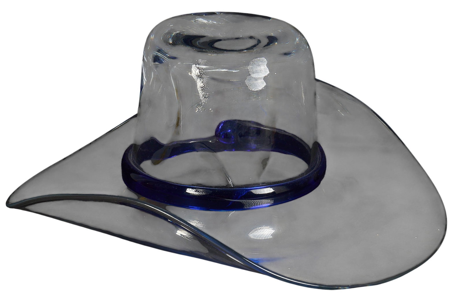 Blenko Glass Cowboy Hat: Blenko glass cowboy hat, with sticker label height 6.5 in. x width 13.5 in. x depth 14.5 in. 