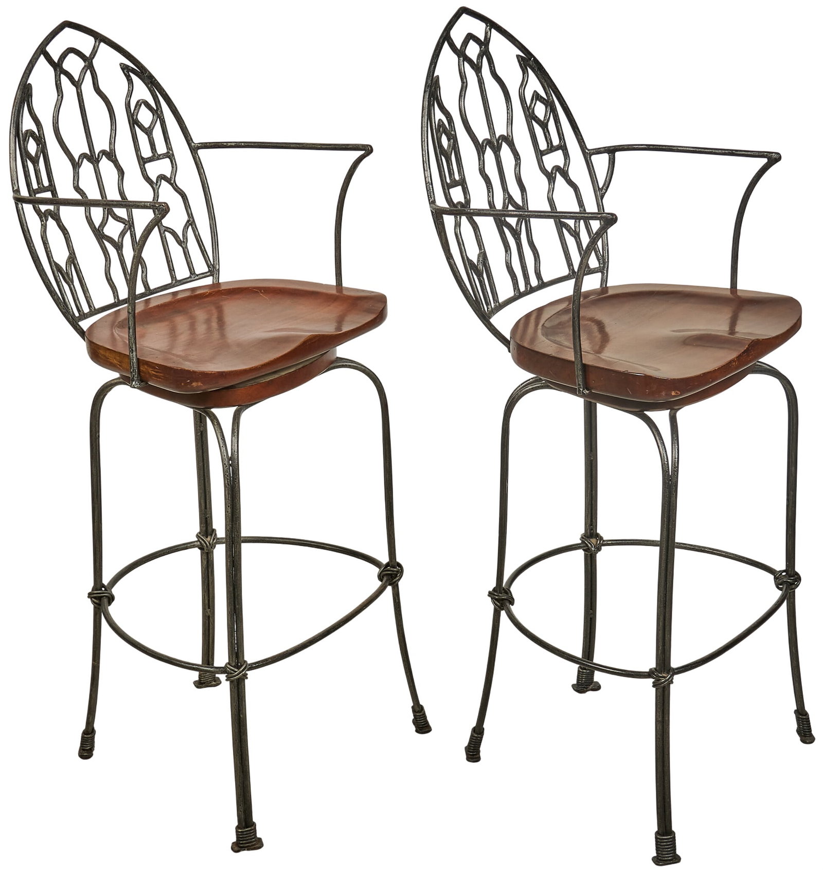 Pair of Theodore Alexander Iron Barstool Chairs: Pair of Theodore Alexander iron barstool chairs with iron frame and mahogany seat height 49 1/2 in. width 19 1/2 x depth 15 in. Provenance: Property from a home in San Marcos, Texas