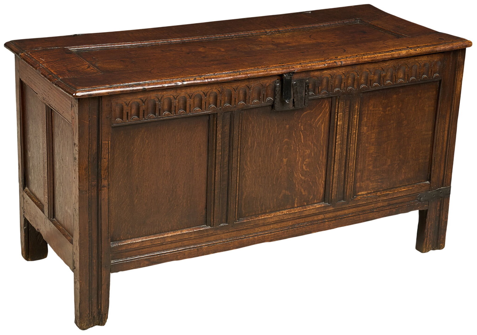 Vintage Chest: Vintage carved chest raised on block legs height 20 in. x width 48 in. x depth 28 in. Provenance: Property from a home in San Antonio, Texas
