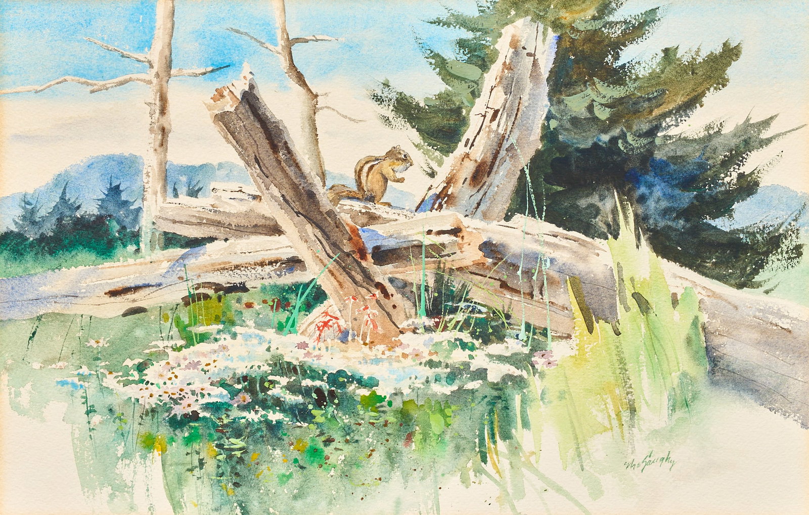 Clay McGaughy, Chipmunk Landscape: Clay McGaughy (Texas, 1931-2021), chipmunk perched on wood pile in Western landscape, watercolor on watercolor paper, signed lower right sight: 14 x 22 in., frame: 24 x 31.5 in. Provenance: