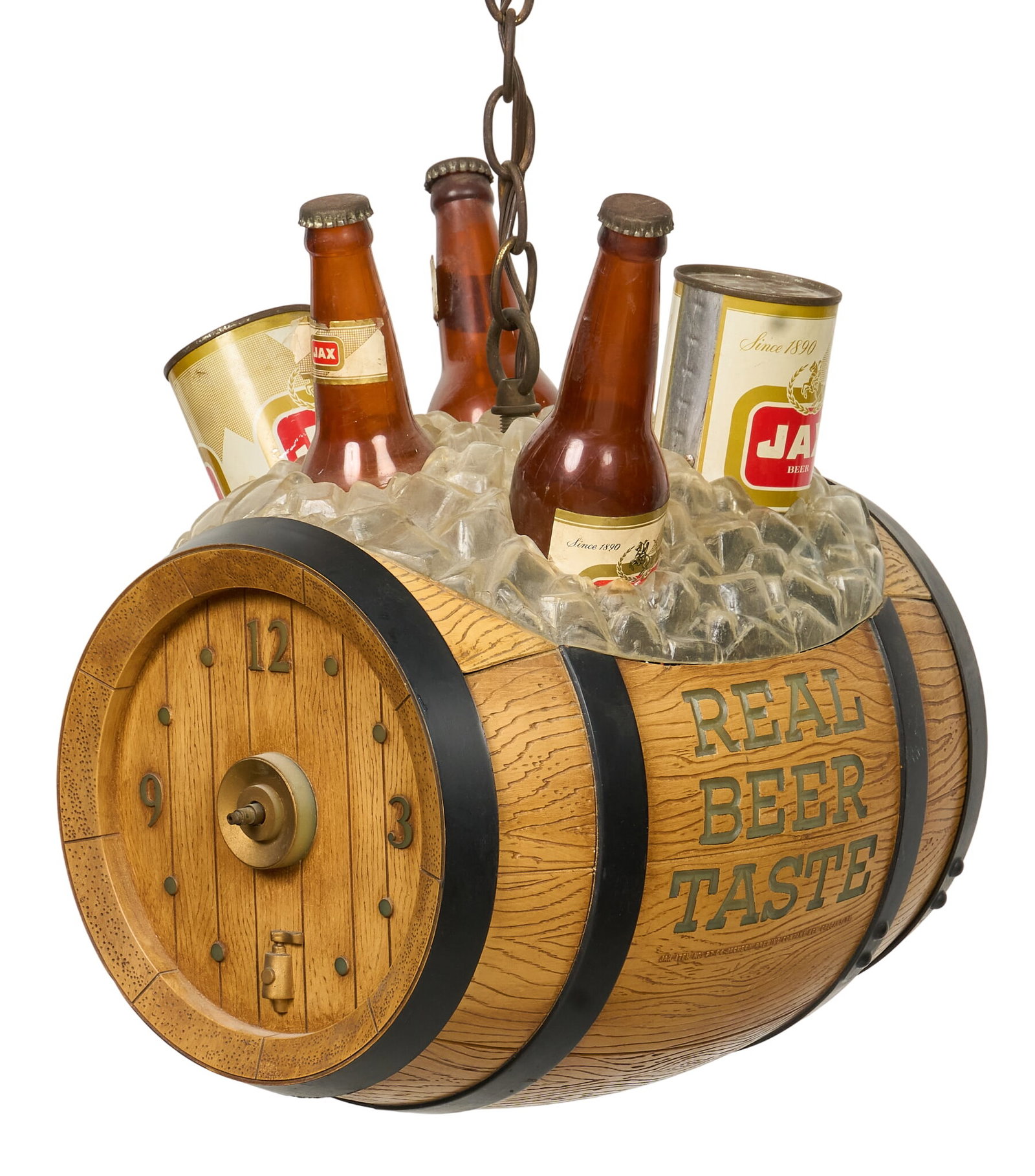 Vintage Hanging Jax Beer Light, 1962: Vintage Jax Beer hanging light, with barrel ice chest design and clock, in working condition, circa 1962 height 28 in. x width 10 in. x depth 13 in. Provenance: Property from the collection of Li