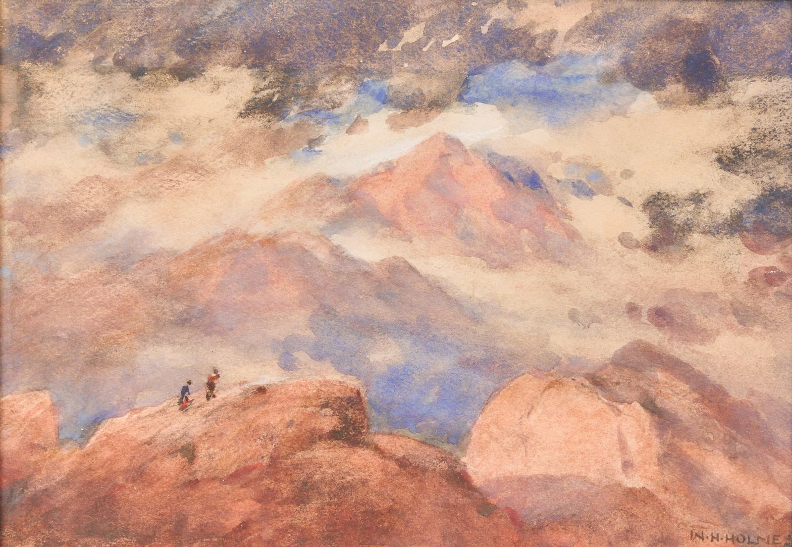 W. H. Holmes, Mountain Range Hikers: William Henry Holmes (Amer., 1846-1933), figures hiking in the mountains, watercolor on paper, signed lower right sight: 8 x 12 in., frame: 18 x 22.5 in. Provenance: Property from 