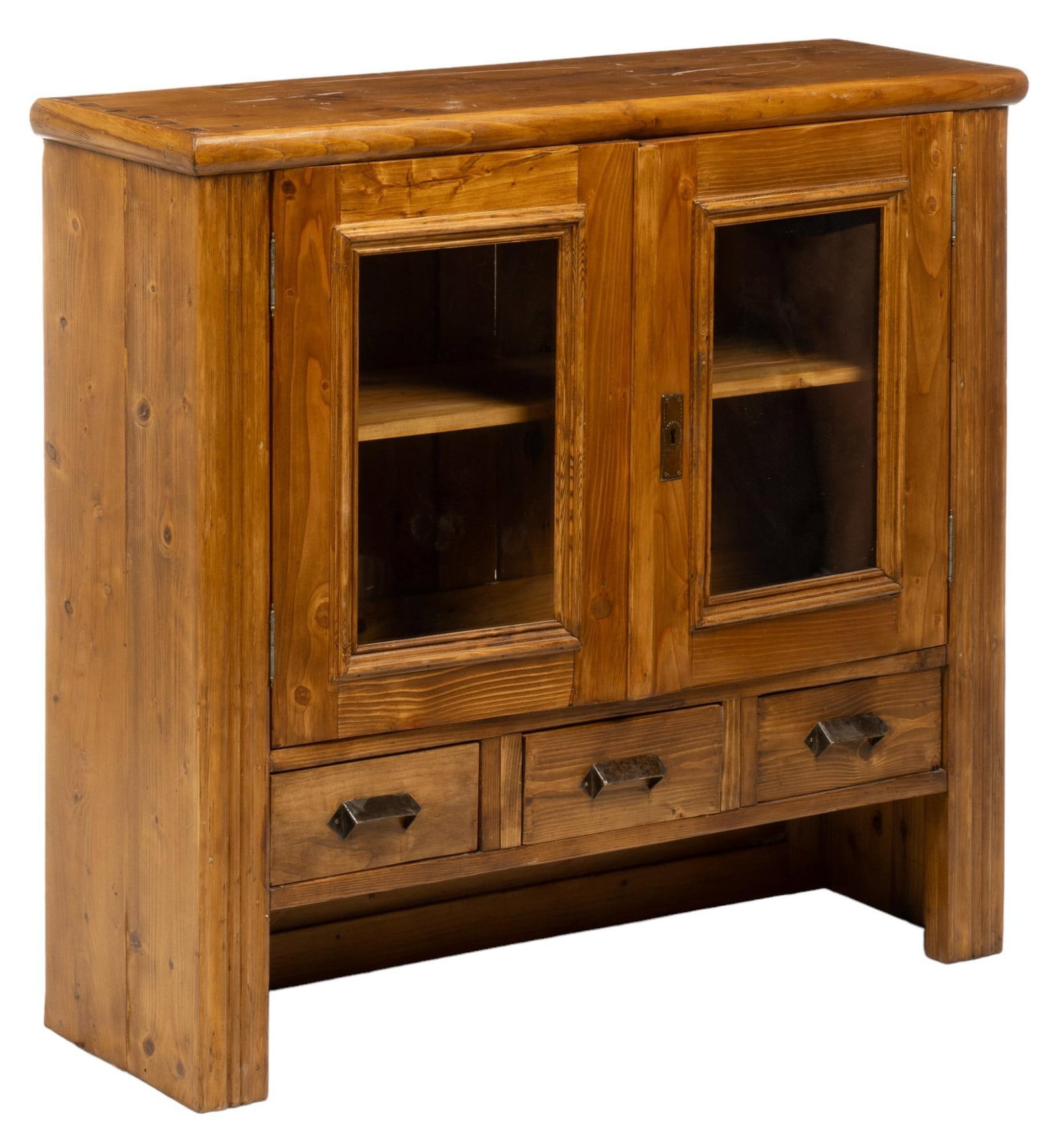 Vintage Pine Kitchen Cabinet: Wall hanging vintage pine kitchen cabinet, two glazed doors open to a shelved interior, above three specimen drawers height 41 in. x width 44.5 in. x depth 13 in. Provenance: Property from a home in