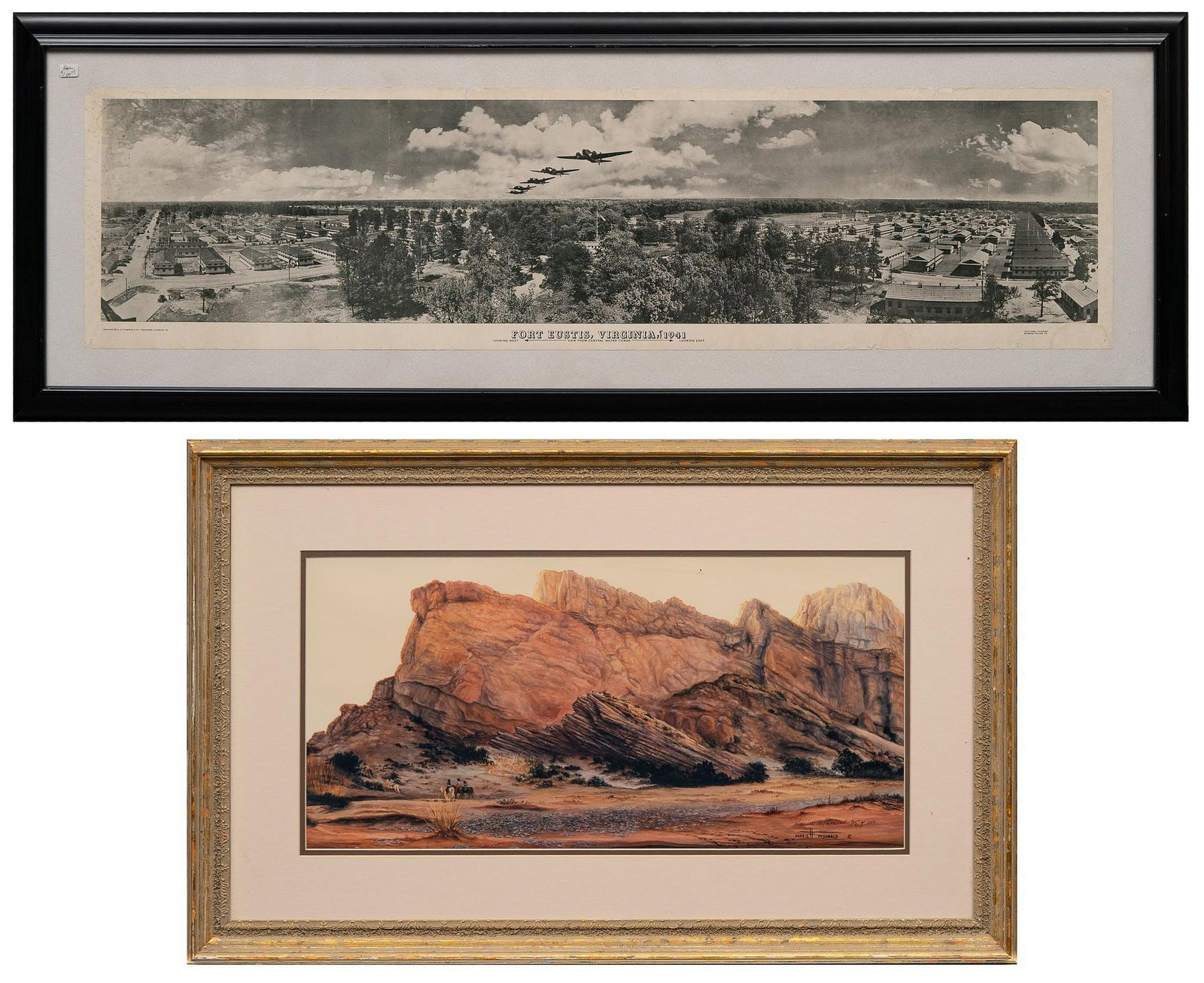 (2) Texas Wall Decor: (2) Texas images wall decor, to include "the Crossing" signed and numbered lithograph by Harriett McDonald and offset lithograph reproduction photograph of Fort Eustis, Virginia, in 1941