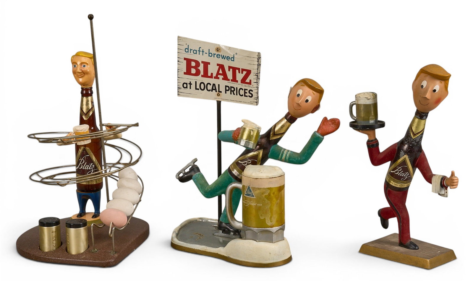 (3) Blatz Beer Metal Objects: (3) Blatz Beer metal figures including an ice skater, egg roller, and running waiter height 21 in. x width 11 in. x depth 12 in. / largest Provenance: Property from the