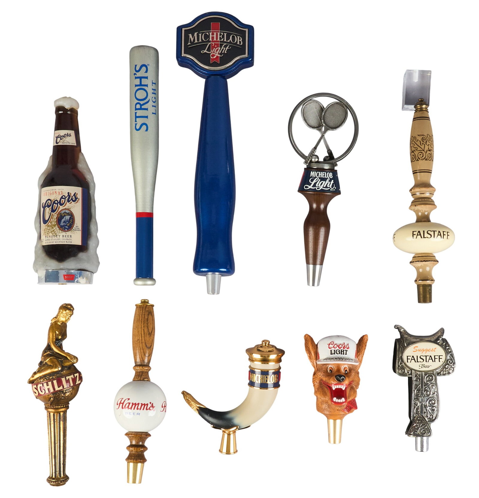 Collection of (10) American Brand Tap Handles: Collection of (10) American brand beer tap handles, including Coors, Michelob, and Falstaff among others height 15 in. x width 4 in. x depth 3 in. / largest Provenance: Property from the