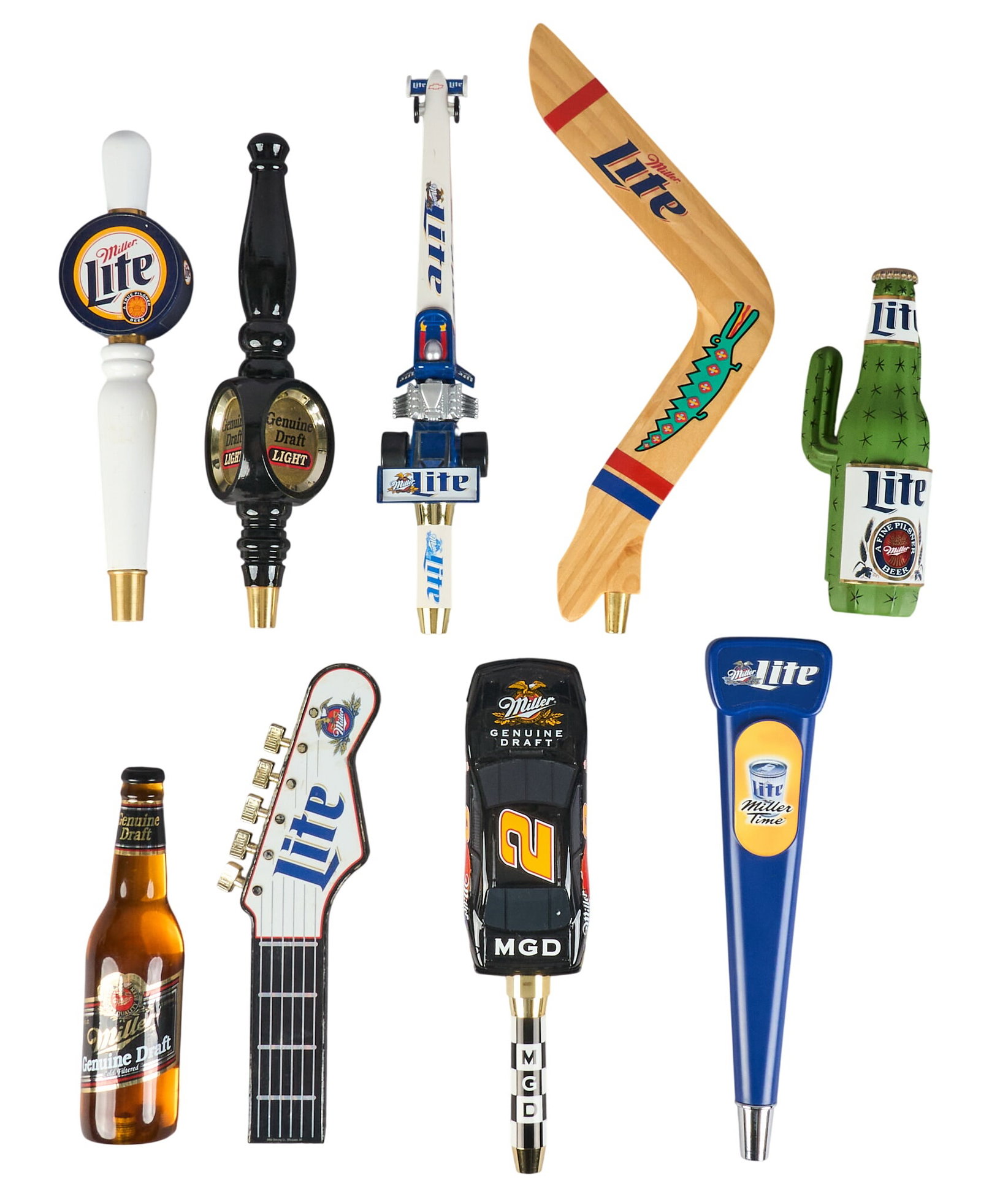 Collection of (9) Miller Tap Handles: Collection of (9) Miller tap handles, including specialty handles such as Alligator Boomerang, Desert Oasis Cactus, and Rusty Wallace NASCAR height 15.5 in. x width 6.5 in. x depth 3 in. /