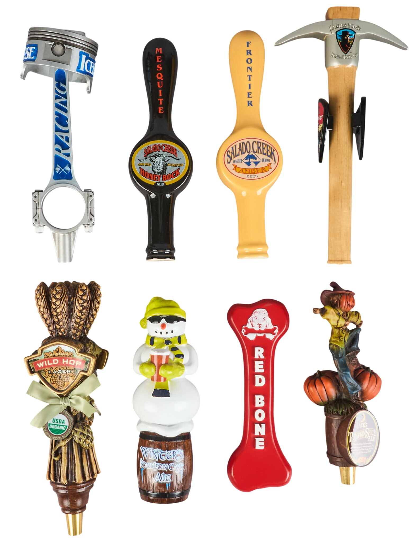 Collection of (8) American Beer Tap Handles: Collection of (8) various American beer tap handles, including Red Bone, Mesquite Brewing, and Salado Creek Brewing among others height 12 in. x width 4 in. x depth 4 in. / largest 
