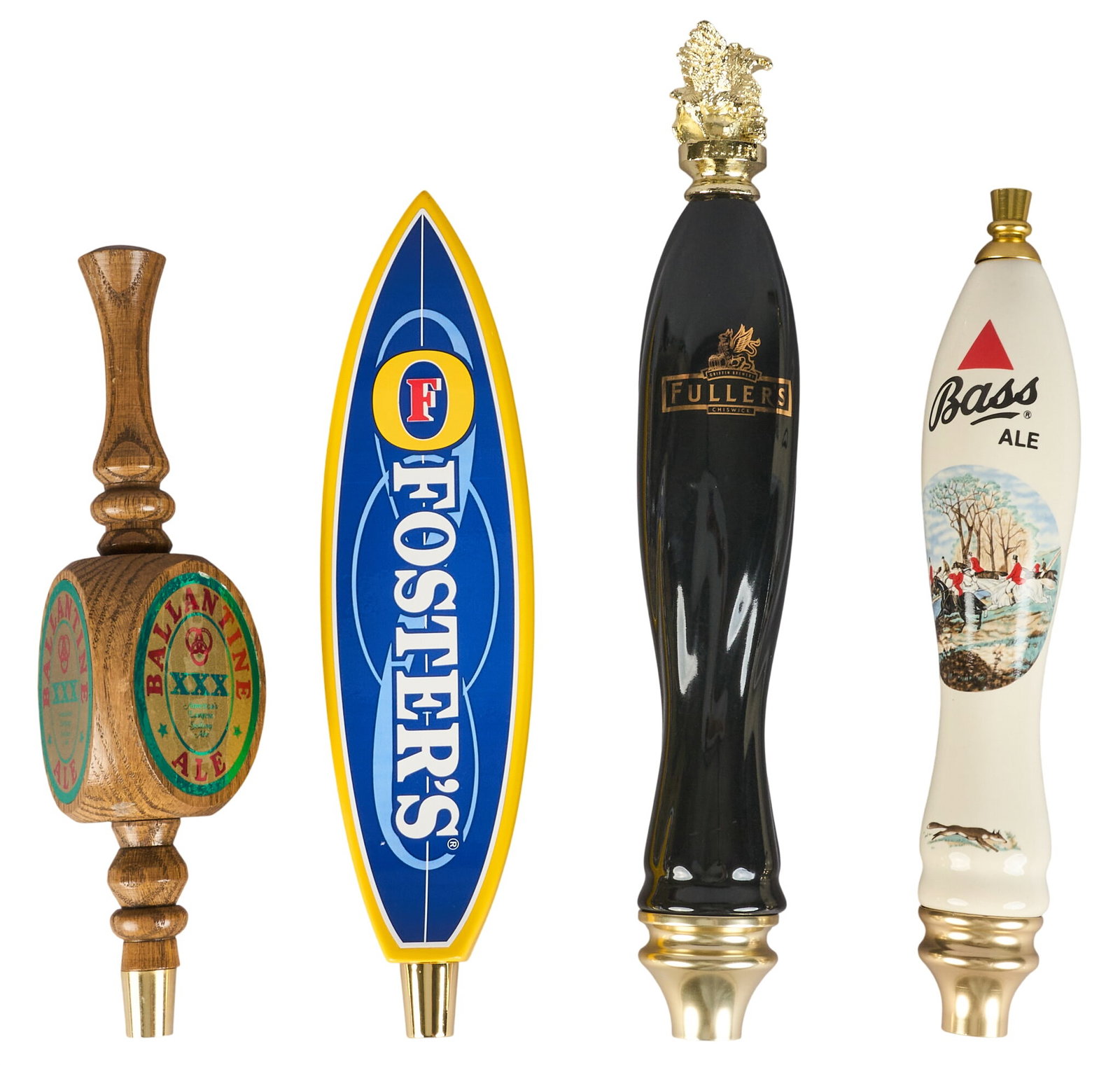 Collection of (4) Foreign Beer Tap Handles: Collection of (4) various foreign beer tap handles, including Foster's and Fuller's among others height 14 in. x width 3 in. x depth 3 in. / largest Provenance: Property from the