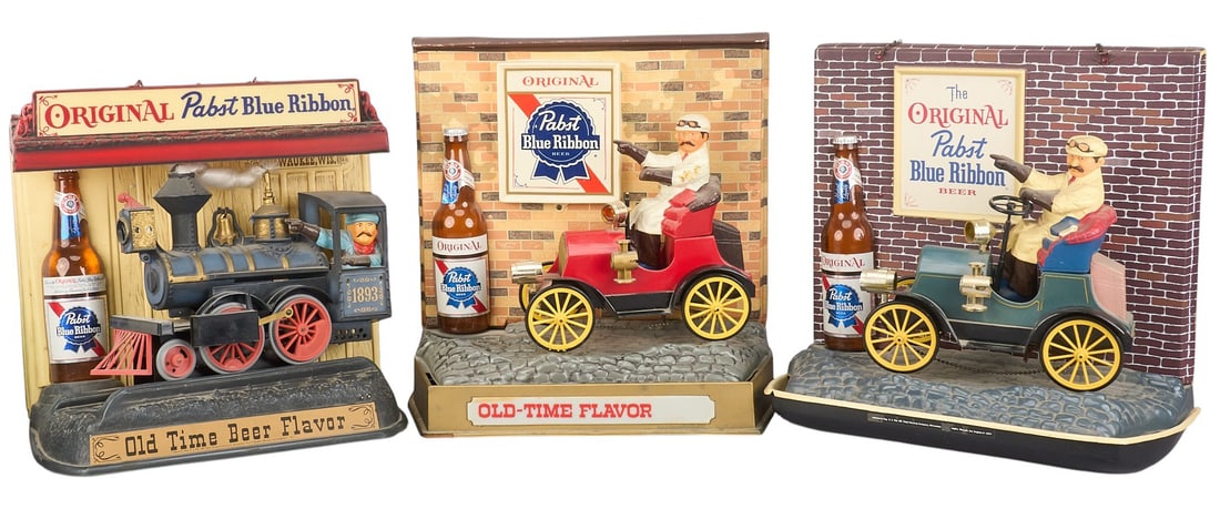 (3) Pabst Blue Ribbon Beer Objects: Three vintage Pabst Blue Ribbon beer lighted figural advertisements, all light up, and red car example moves height 15 in. x width 16 in. x depth 8 in. / largest Provenance: Property from the