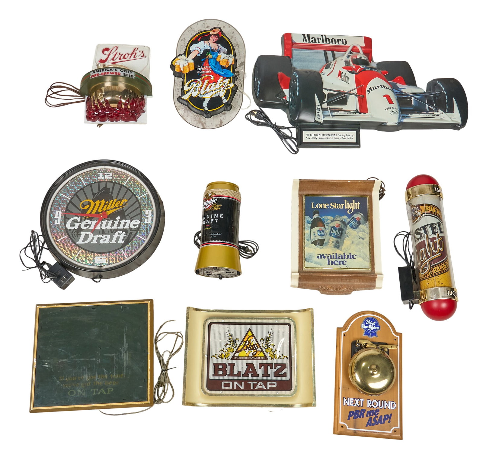 (10) Vintage Lighted Beer Signs: Group of ten illuminated beer and tobacco advertising signs, including Miller Genuine Draft, Blatz Beer, Lone Star Light, Lucky Strike, Marlboro, Schlitz, and other examples, various forms and