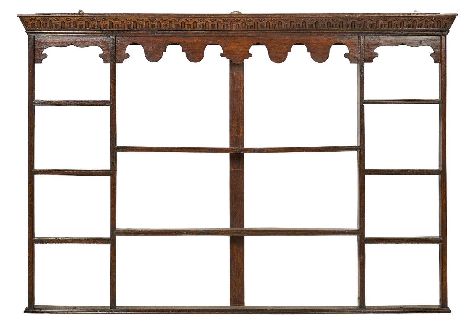 Wall Shelf: Vintage wooden wall hanging shelf, symmetrical segmented design with decorative top height 53 in. x width 76 in. x depth 6.5 in. 