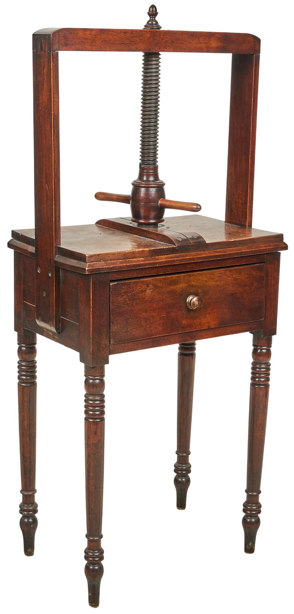 Wood Machine Press: Wood machine press on turned legs height 58 in. x width 24.5 in. x depth 16 in. Provenance: Property from a home in San Antonio, Texas 