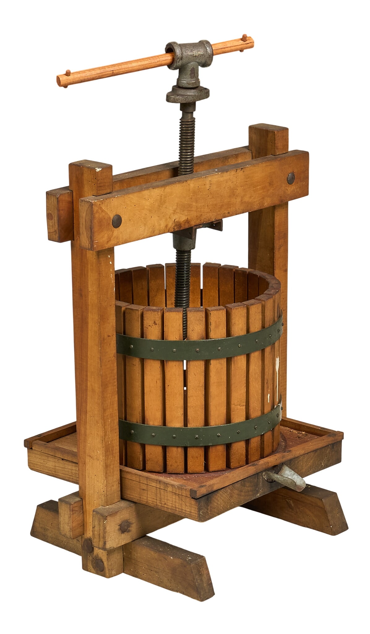 Vintage Fruit Press: Vintage wooden fruit press, metal screw mechanism, wooden barrel with iron banding height 38 in. x width 22 in. x depth 16.5 in.