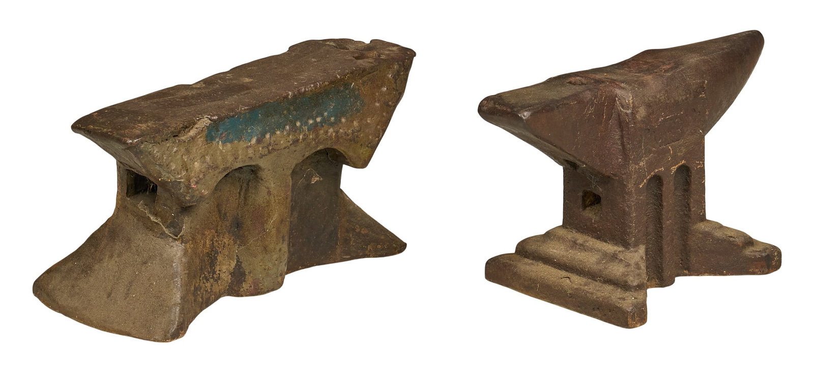 (2) Metal Anvils: Two metal anvils height 8 in. x width 16 in. x depth 6 in. / largest 69 lbs. / largest