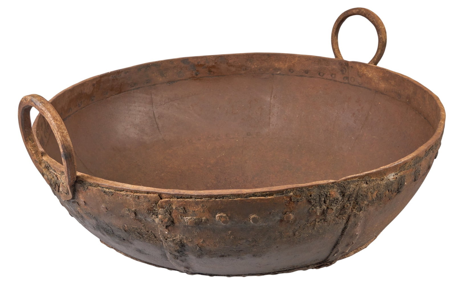 Iron Cauldron: Rustic iron cauldron, with handles height 9 in. x width 26 in. x depth 24 in. Provenance: Property from a home in San Antonio, Texas 