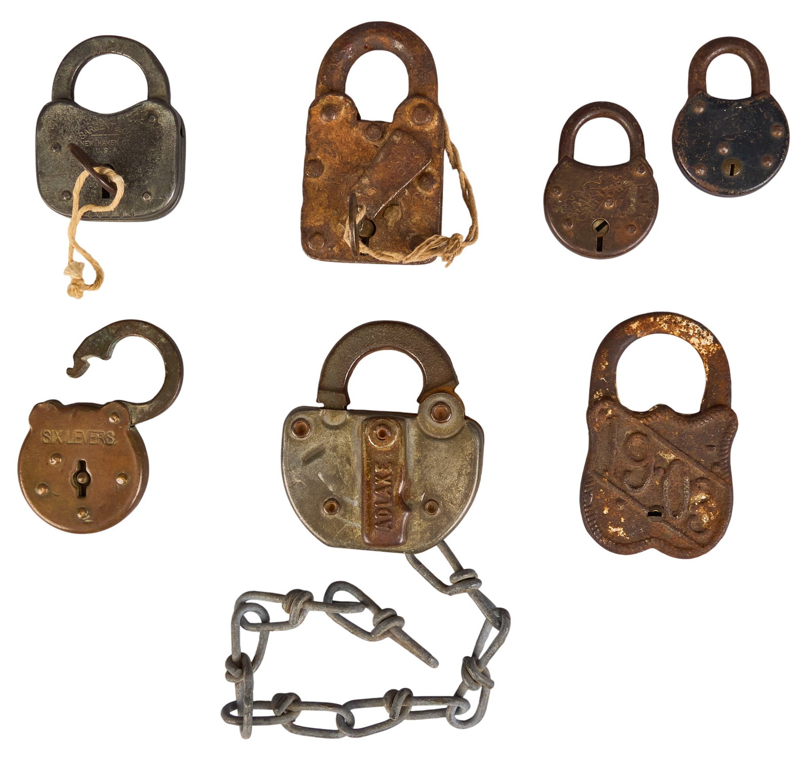 Collection of (7) Iron Locks: Collection of (7) iron locks and (2) keys height 3.5 x width 3 in. x depth 1 in. / largest Provenance: Property from a home in San Antonio, Texas 