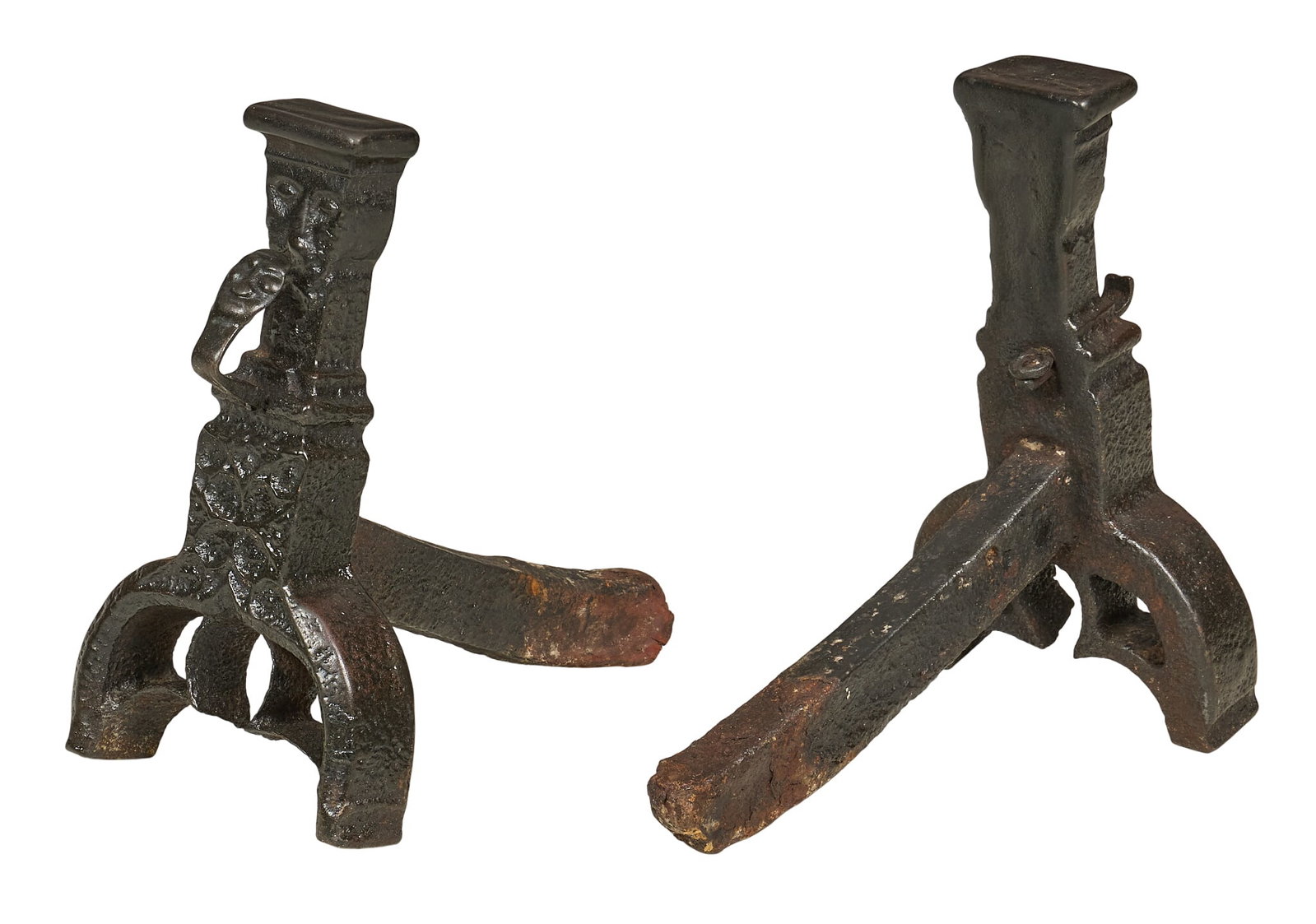 Pair of Vintage Andirons: Pair of vintage iron andirons, with figural elements height 16.5 in. x width 9 in. x depth 16 in. / each