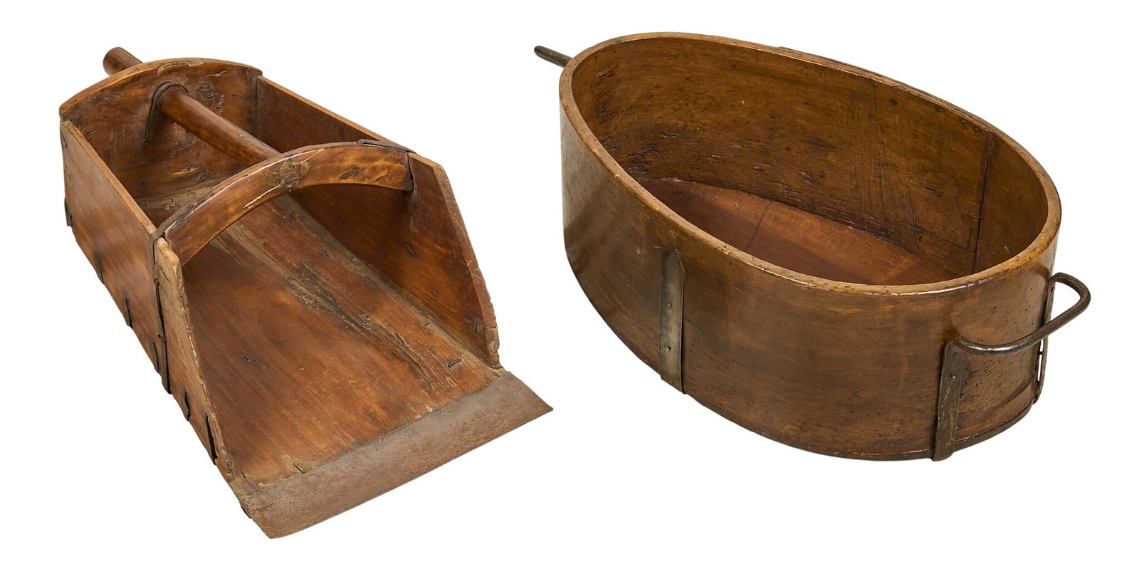 (2) Rustic Pieces of Farmhouse Tools: (2) rustic pieces of farmhouse tools, grain scoop and bucket height 8 in. x width 11 in. x depth 27 in. / largest Provenance: Property from a home in San Antonio, Texas 