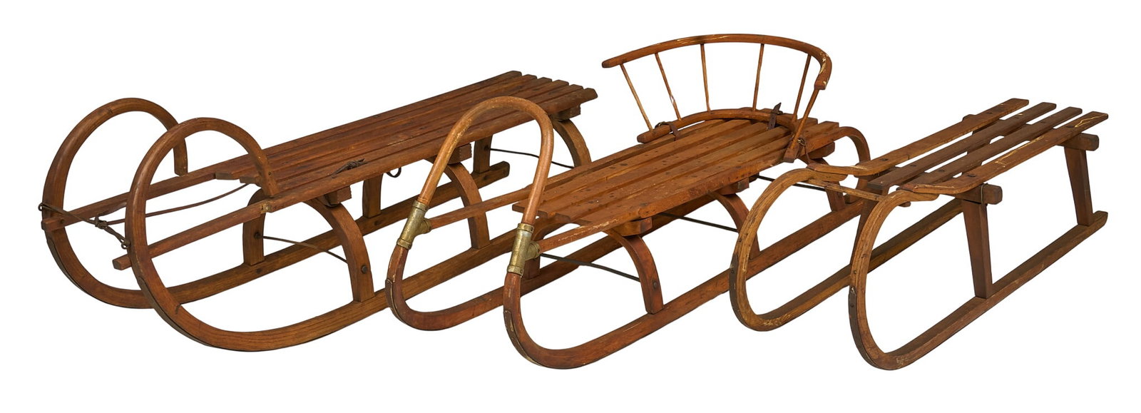 Collection of (3) Wooden Sleds: Collection of (3) wooden sleds height 19 in. x width 56.5 in. x depth 16 in. / largest 