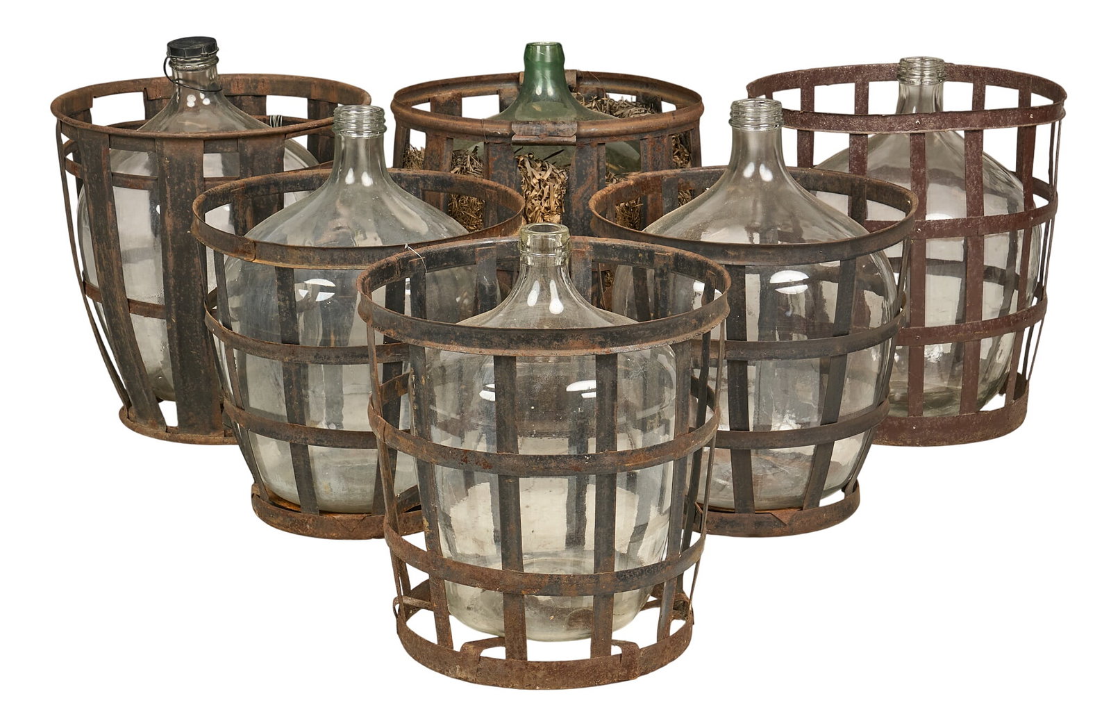 Set of (6) Demijohns with Iron-Strap Baskets: Set of (6) demijohns encased in iron-strap baskets height 28 in. x width 22 in. x depth 22 in. 