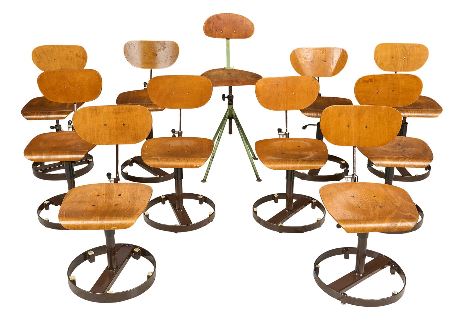 (11) Vintage Factory Stools: Group of eleven (ten matching) vintage factory stools, bentwood with iron base height 41 in. x width 16 in. x depth 19 in. / largest 