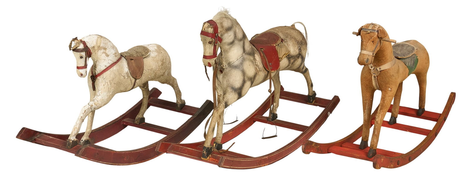(3) Vintage Rocking Horses: Group of three vintage toy rocking horses height 30 in. x length 38 in. x depth 14 in. 