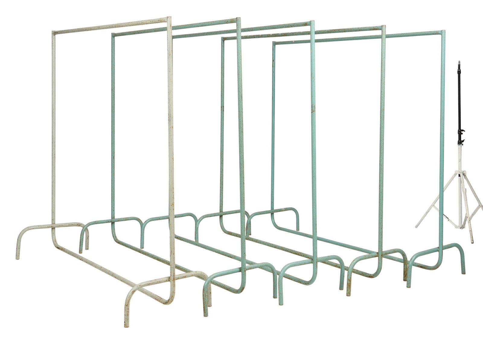(5) Vintage Gymnasium Racks: Five vintage metal gymnasium racks, likely from a European schoolhouse height 69.5 in. x width 77 in. x depth 23 in. / largest