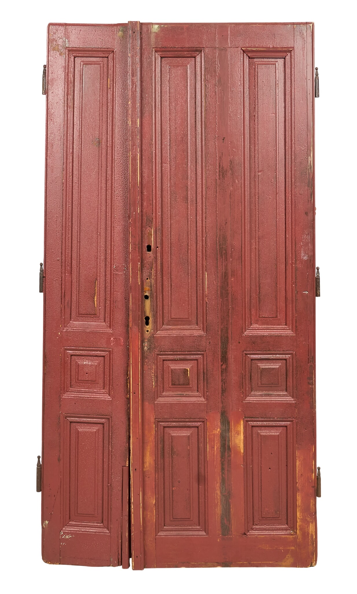 Vintage Door: Vintage three section wooden paneled door, red finish height 86 in. x width 30 in. x depth 3 in. 