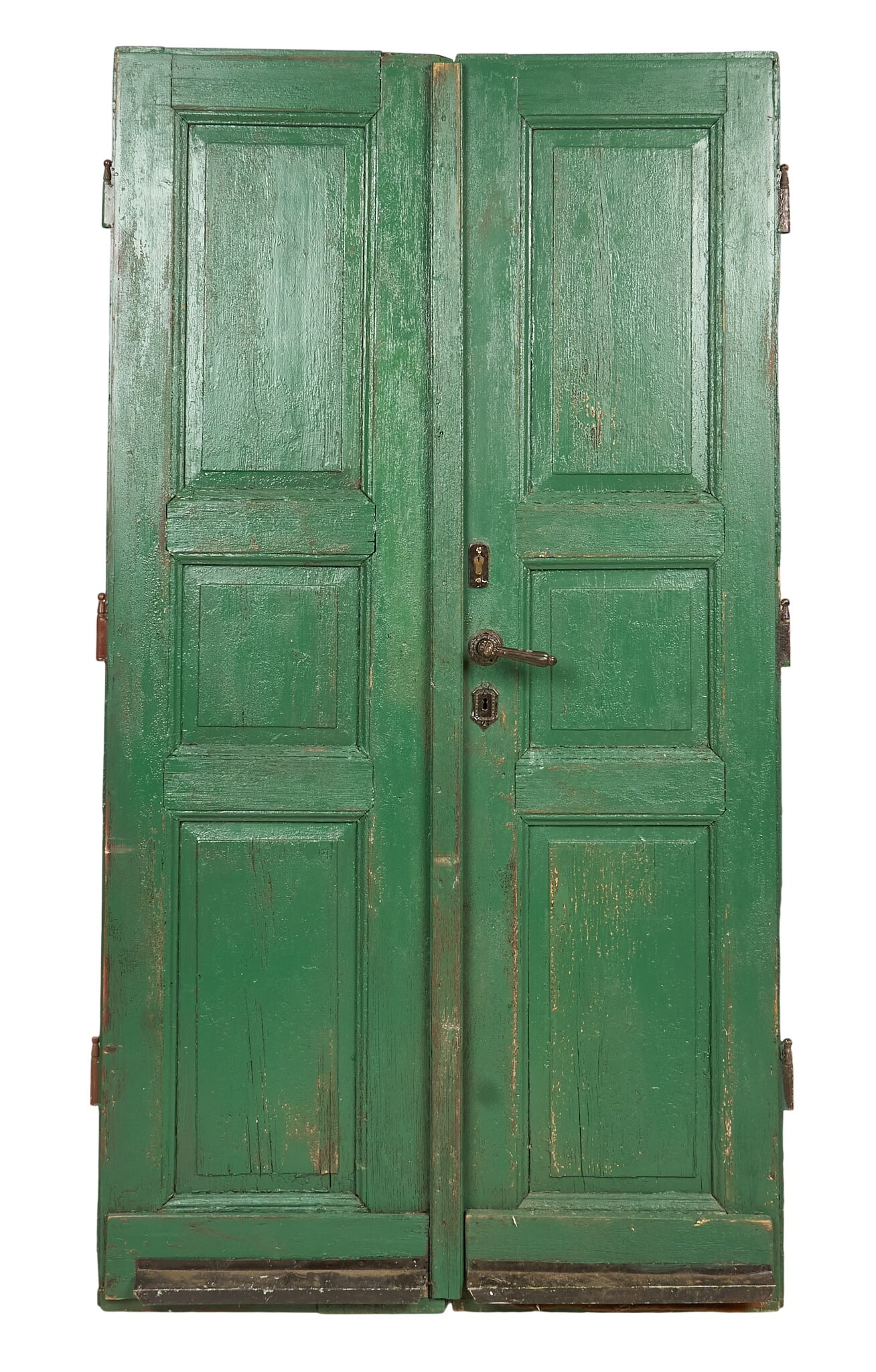 Pair of Vintage Doors: Pair of vintage wooden oversized paneled doors, one with original hardware height 91 in. x width 26 in. x depth 6 in. / each 