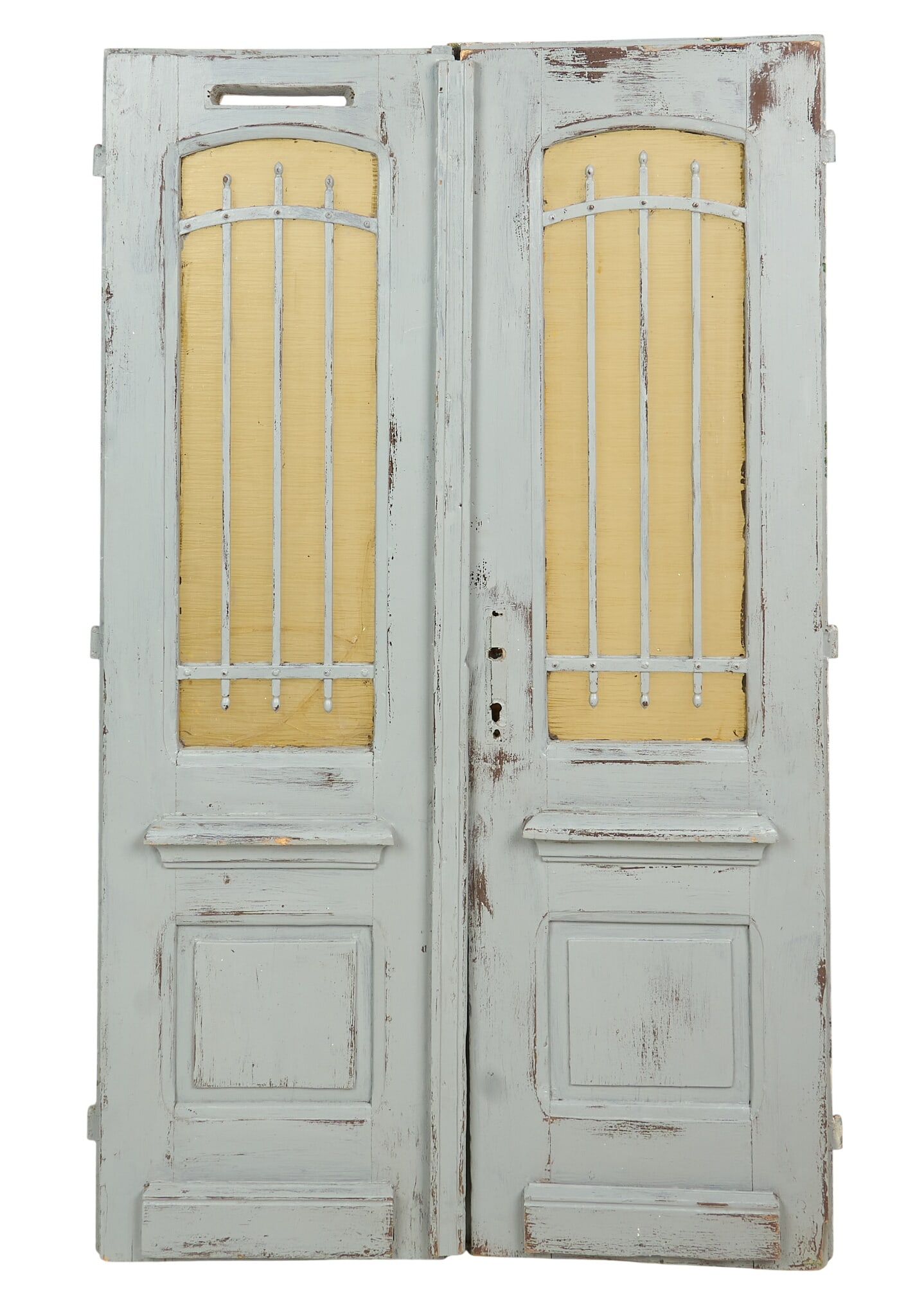 Pair of Vintage Doors: Pair of vintage wooden doors, with open barred section, distressed gray finish height 80 in. x width 47 in. x depth 4 in. / each