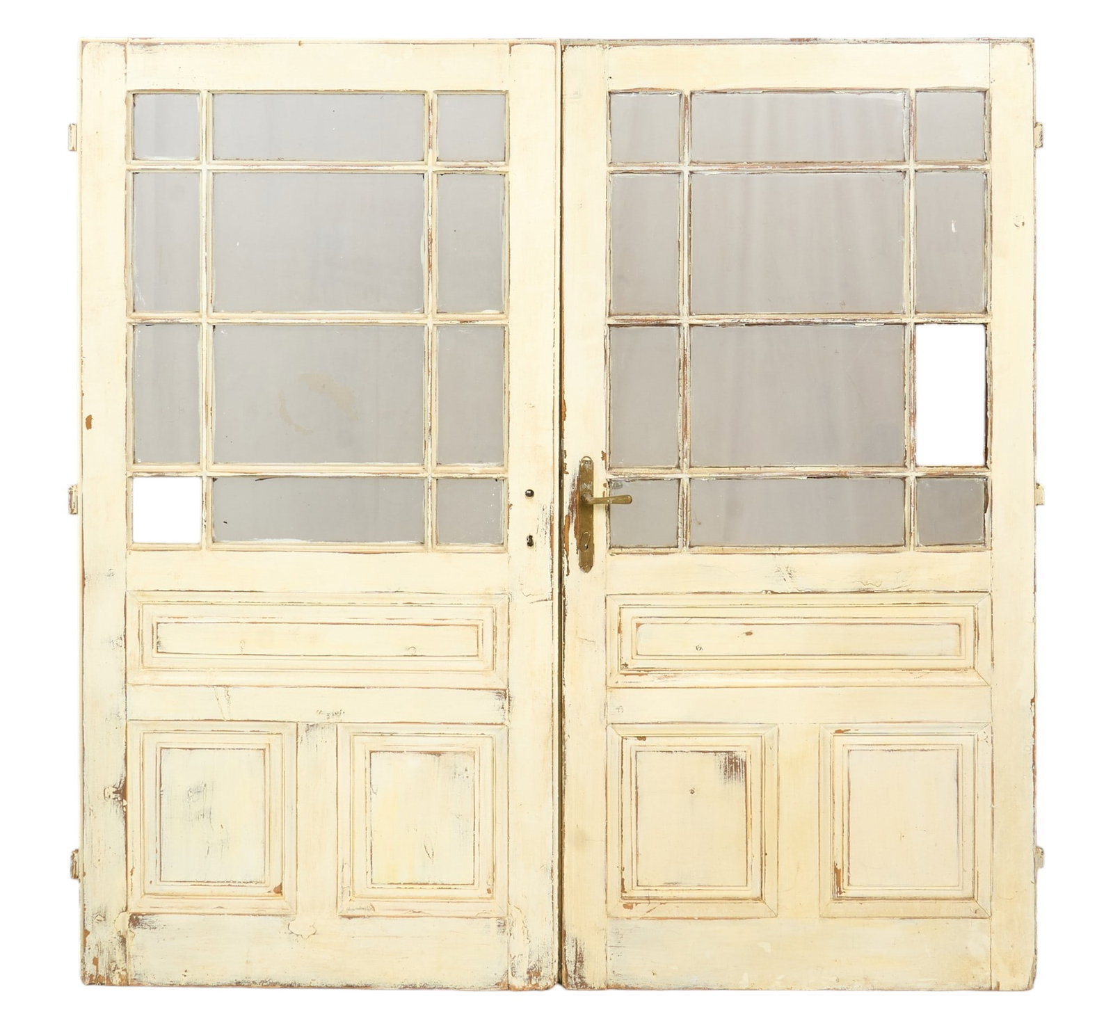 Pair of Vintage Doors: Pair of vintage wooden doors, with paneled glass, one with original brass hardware height 78 in. x width 40.5 x depth 5 in. / each