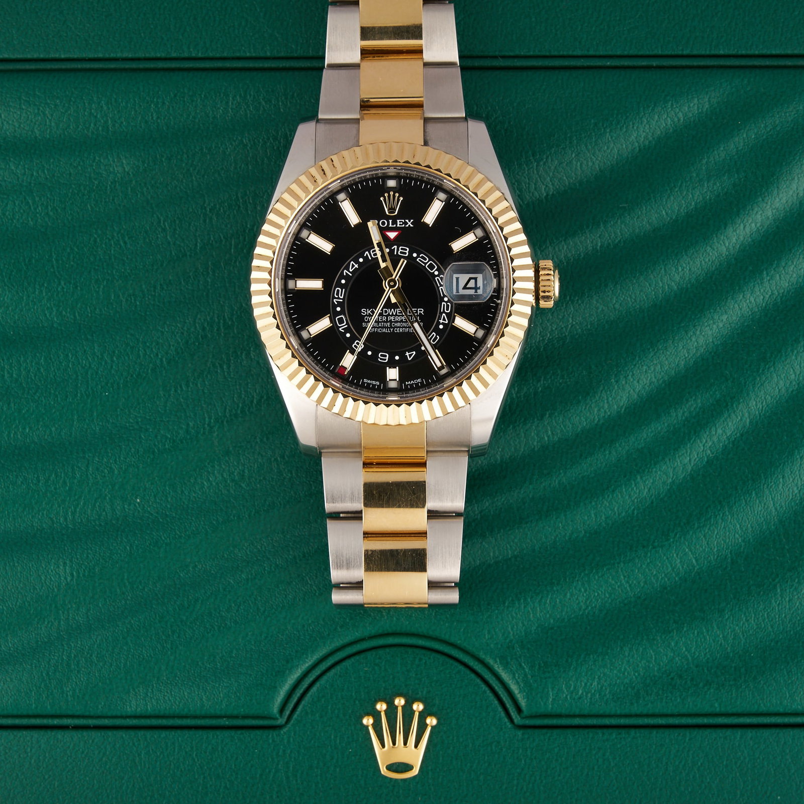 Rolex Sky-Dweller 42mm Two-Tone: Rolex Sky-Dweller Oyster Perpetual 18K yellow gold and stainless steel watch, encrypted production date, model number 326933, serial number 2MX60331, 42mm case, black dial with gold fluted
