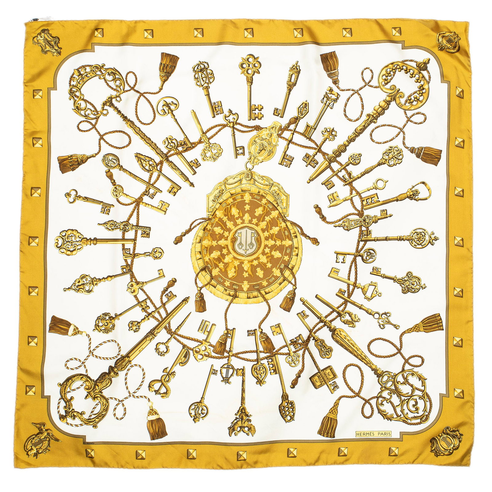 Hermès Les Clefs Silk Scarf: Hermès "Les Clefs" silk scarf, designed by Cathy Latham Square: 35.5 in. Condition AB; very good condition, shows regular signs of wear