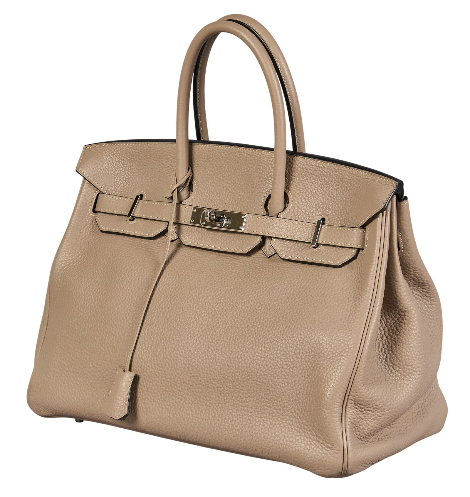Hermes Birkin 35 Handbag: Hermes Birkin 35 handbag in Gris Tourterelle Clemence leather with palladium hardware, stamped L in Square (2008), includes dustbag for the handbag and dustbag for the cadena lock