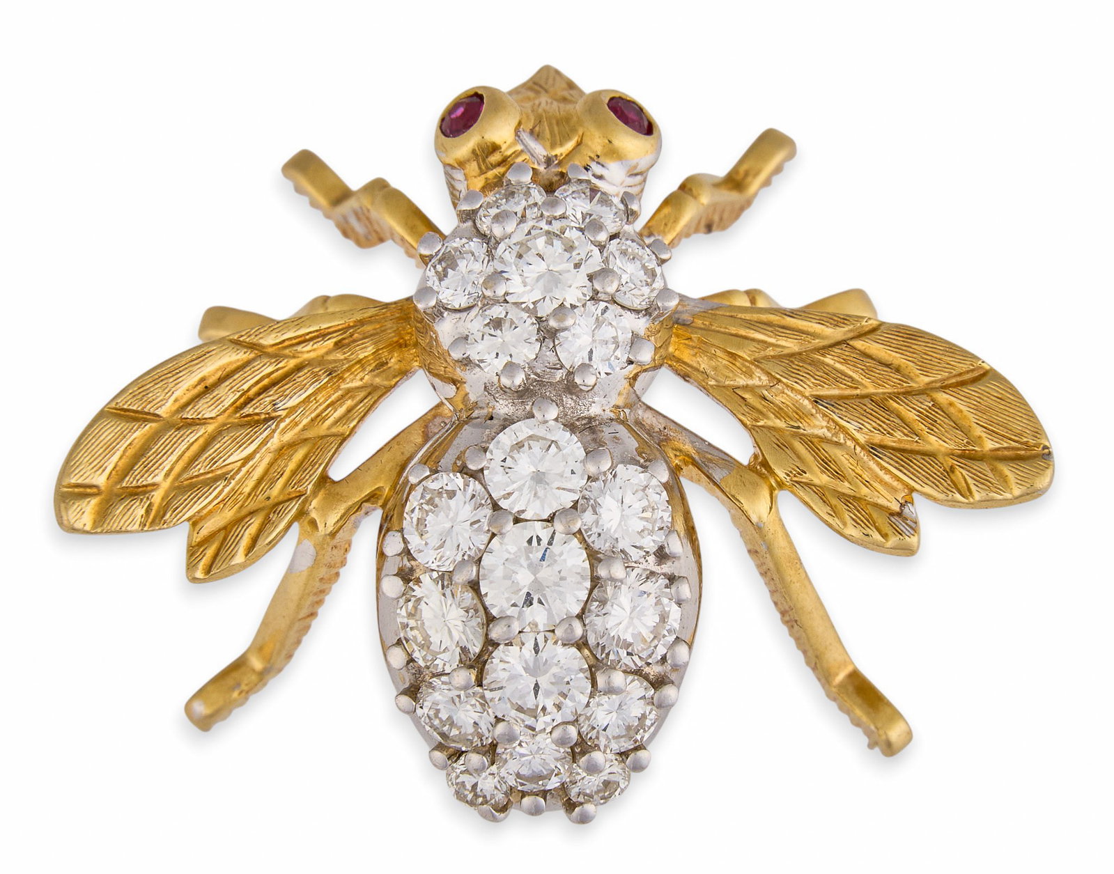 18K Diamond & Ruby Bee Brooch: 18K yellow gold bee brooch, set with round brilliant cut diamonds in pave setting, and two round brilliant cut rubies, marked "18K" Size: 1 in. x 1.25 in. Total weight: 10.7 g