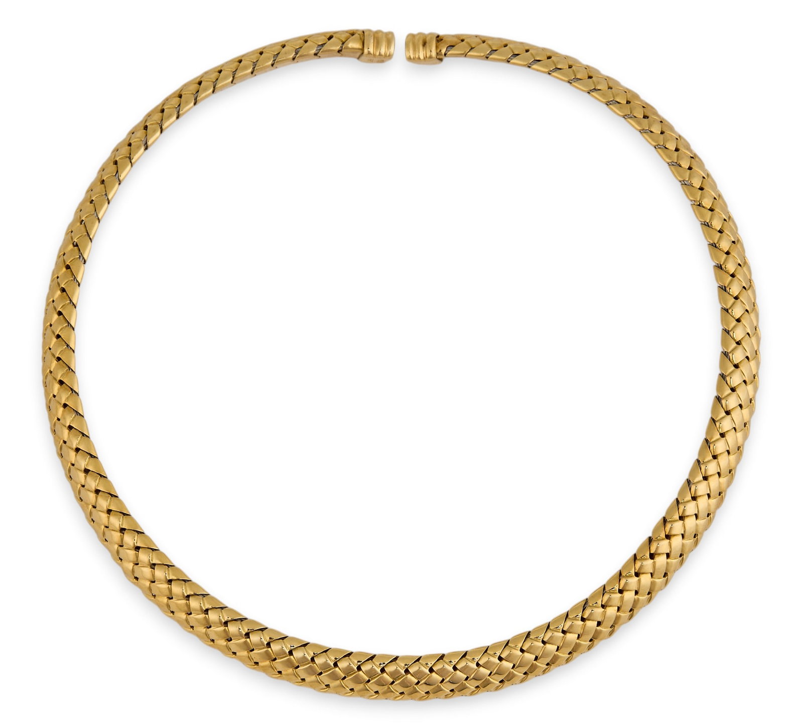 Tiffany & Co. 18K Vannerie Woven Mesh Choker: 18K yellow gold Vannerie woven mesh choker style necklace, marked "Tiffany & Co.750 1997", with presentation folder Length: 13 in. but adjustable Total weight: 82.6 g