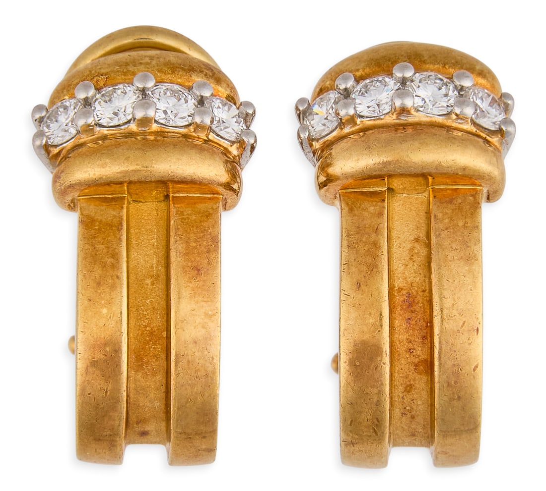 Tiffany & Co. 18K Diamond Earrings: Pair of Tiffany & Co. yellow gold earrings, set with round brilliant cut diamonds, approximately 0.56 ctw, marked "Tiffany & Co. 750" Size: 0.75 in. / length Total weight: 11.5 g