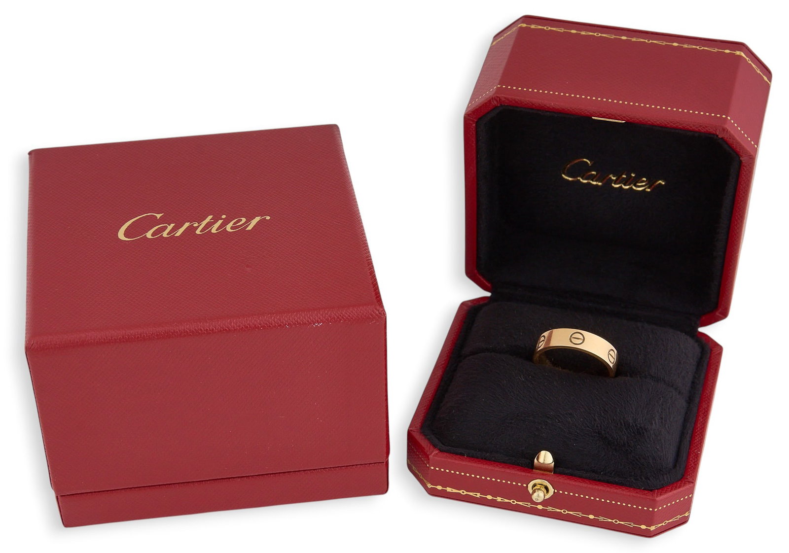 Cartier Love Ring: Cartier 18K yellow gold Love Ring, classic model, marked "Cartier 60 CDC575 Au750", with original box Size: 9 Total weight: 6.6 g Provenance: Property from the collection of an industrial