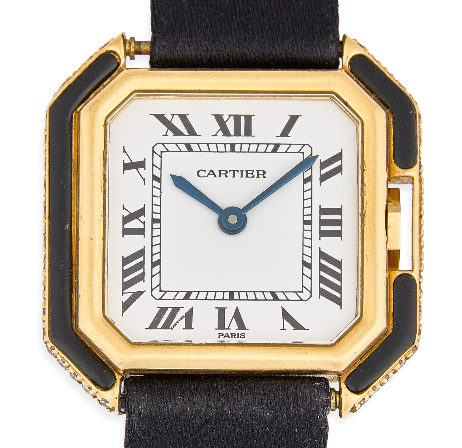 Cartier Ceinture 'Paris' 18K Gold, Onyx & Diamond Watch: Cartier Ceinture 'Paris' 18K yellow gold watch, onyx bezel and diamond midcoast, acrylic crystal with a white 'Paris' dial and printed Roman indices