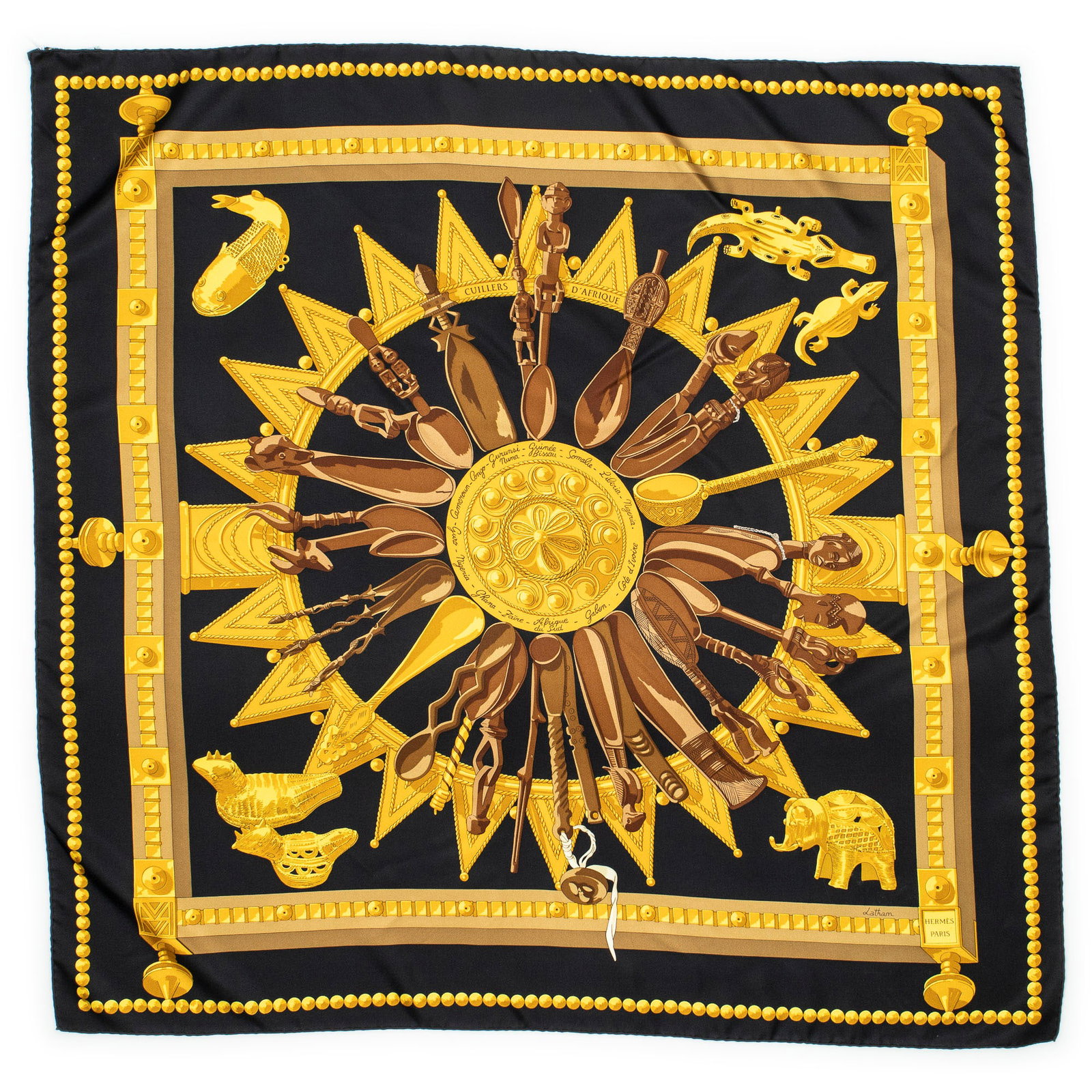 Hermès Cuillers D'Afrique Silk Scarf: Hermès "Cuillers D'Afrique" silk scarf, designed by Cathy Latham Square: 35.5 in. Condition A; excellent condition, shows little signs of wear