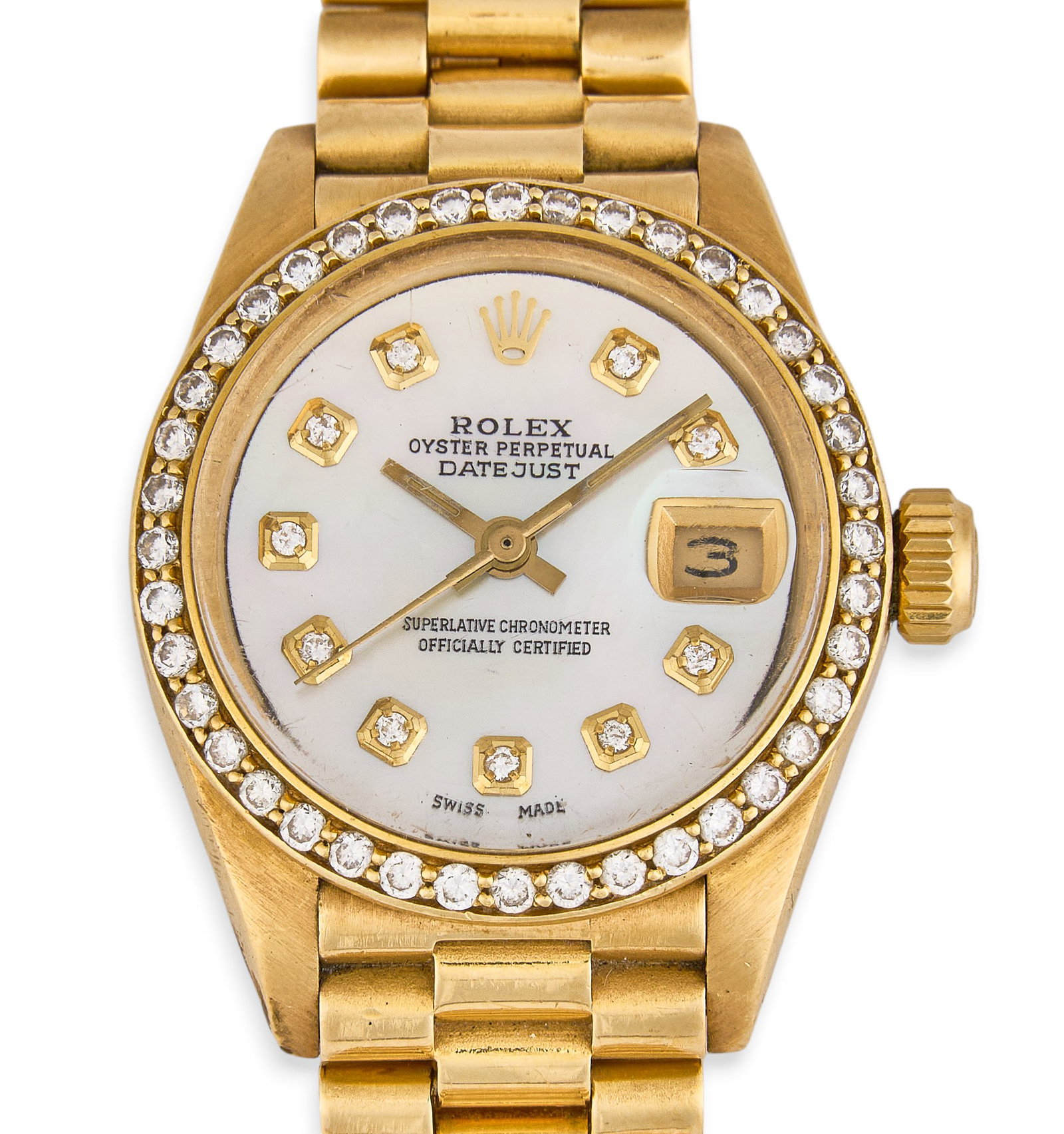 Ladies Rolex Datejust 23mm 18K Gold: 18K yellow gold Rolex Oyster Perpetual Datejust watch, mother-of-pearl dial, features diamond-set bezel and diamond hour markers with Presidential bracelet, includes original box and of