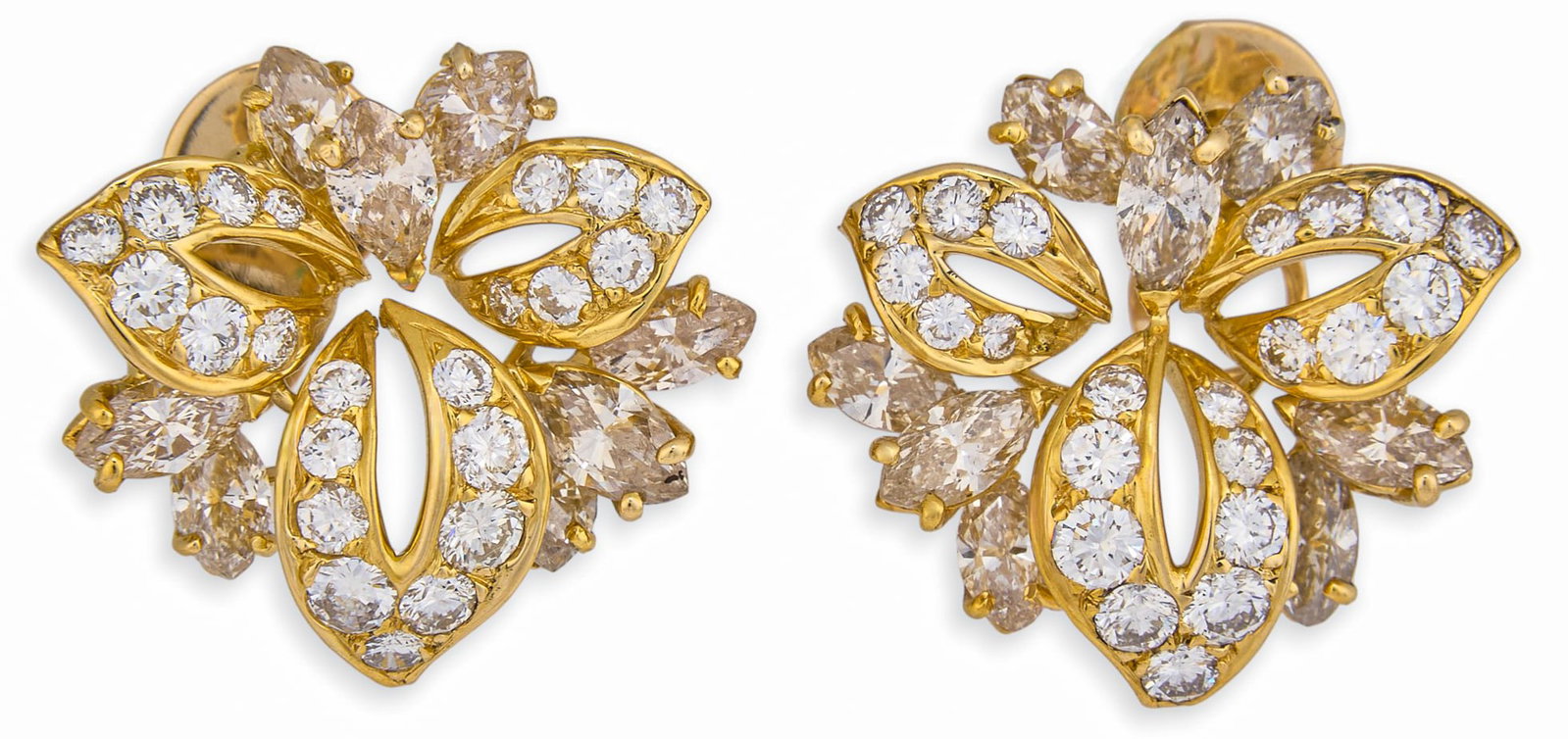 18K Diamond Flower Earrings: Pair of 18K yellow gold and diamond earrings with floral motif, tested, unmarked Size: 1 in. / diameter Total weight: 8.5 g Provenance: Property from the collection of an industrial chemicals